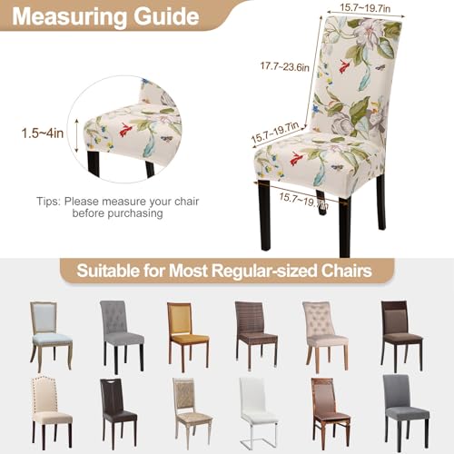 Image of SearchI Chair Covers Slipcovers Set of 4, Spandex Super Fit Stretch Removable Washable Kitchen Parsons Protector for Dining Room,Hotel,Ceremony,Beige+Flowers