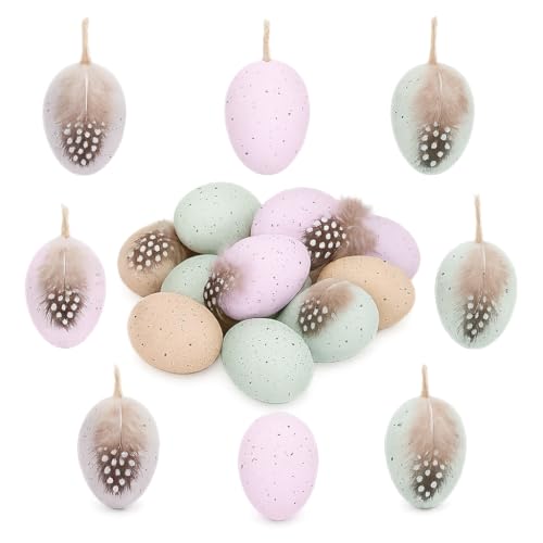 NaDeco 12x Ostereier zum Aufhängen – Osterdeko mit Federn & Jutekordel – Wachteleier Optik aus Kunststoff – Frühlingsdeko für Osterstrauch, Osterbaum & Tisch – Dekoeier Set 6x4 cm,ㅤGrün-Braun-Flieder
