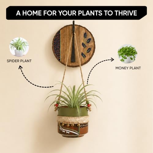 Image of AAKRITI ART CREATIONS Wall Hanging Planter with Hook | Jute Embellished Brown Earthen Planter on Round Wall Hook, Floral Art, Matte Finish | Metal, Terracotta & Wood