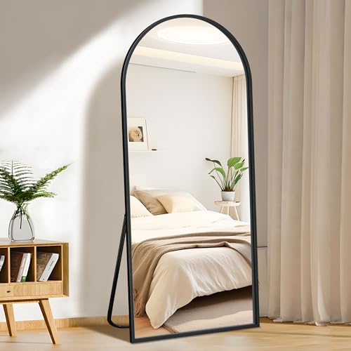 FURNIinspire Arched Full Length Mirror with Stand, 64"x21" Full Body Mirror Standing Hanging or Leaning Wall, Arch Wall Mirror with Aluminum Alloy Thin Frame for Bedroom Living Room Black