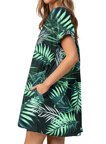 Image of Jayscreate Women's Baby Doll Dress Summer Casual Tunic Pleated Flowy Swing Short Sleeve Black V Neck Mini Dress