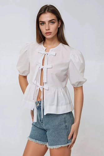 Hiccup Cotton Crew Neck Blouse with Bow Detail2