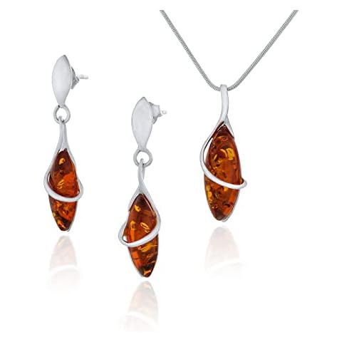 AMBEDORA Small silver set Marquise (necklace and earrings hanging from pins) with cognac-coloured Baltic natural amber Cover