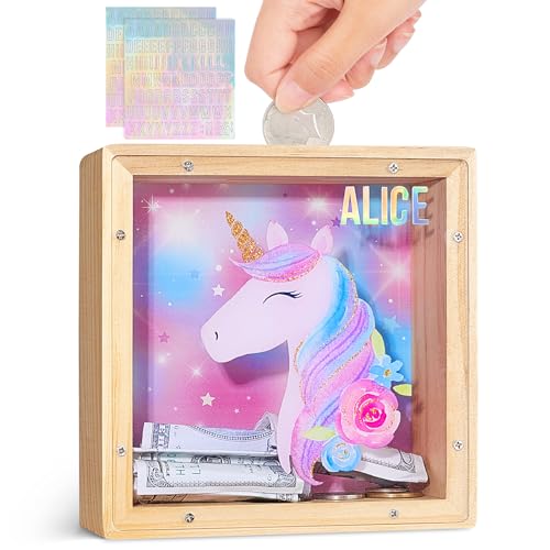 MHJY Tirelire en Bois Licorne et Sirène pour Enfants, Cadeau Éducatif Personnalisable avec Autocollants DIY, Décoration Chambre