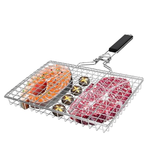 WOOXGEHM Canasta de Asado de Pescado, Cesta para Barbacoa Plegable de Acero Inoxidable, Parrilla de Mango de Madera Reutilizable con Asa, Cesta para Asar Pescado para Acampar Al Aire Libre