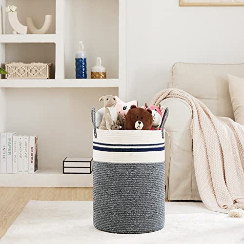 58L Large Woven Laundry Hamper By Fiona's Magic, Laundry Basket Storage, Baby Nursery Hamper Toys And Clothes Hamper For Bedroom And Living Room Organizing, Jute, Blue,Tall (58L ) (15''X15''X20'') #TOP1