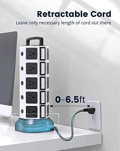 Power Strip Tower Surge Protector 1050J, Jackyled 20 Ac Outlets 6 Usb Ports, 3000W 13A Desktop Electrical Charging Station, 6.5Ft Heavy Duty Extension Cord, For Home, Office, Garage, White Black #TOP2