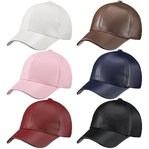 6 Pcs Unisex Baseball Cap Classic Adjustable Sun Protection Sport Hat Pu Leather Hat for Men Women Fall Winter, Blue, White, Pink, Black, Brown and Burgundy, One size Cover