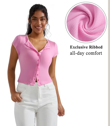 Image of OMKAGI Women Button Down Ribbed Short Sleeve Shirts Fitted Knit Cropped Cardigan Sweaters
