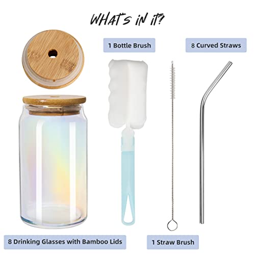 Ruckae Drinking Glasses With Bamboo Lids And Straw, 16Oz 8 Pack Glass Cups,Glass Tumbler With Straw And Lid,Smoothie Cup,Iced Coffee Cup For Beer,Soda,Iced Coffee, Smoothies,Cocktail,Whiskey #TOP3