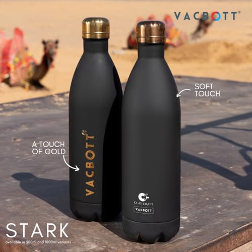 Image of Clay Craft Vacbott Vaccum Bottle, Stark Insulated Double Walled 24 Hours Hot and Cold Water Bottle, Black Gold - 1 Piece - 500 ml Steel Water Bottles for School, Office, Water Bottle for Leakproof