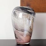 11' H Teal Glass Vases for Flowers, Unique Hand Blown Glass Vase Blue Home Decor, Wide Mouth Colorful Flower Vase Centerpieces, for Living Room Table Bookshelf, Bathroom Office Shelf Decorative