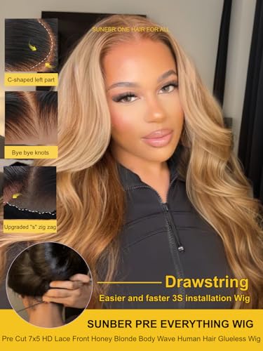 Image of Sunber Honey Blonde Highlight Loose Body Wave Glueless Human Hair Wigs 20 inch | Curtain Bangs Bye Bye Knots Pre Cut 7x5 Lace Frontal Wig with Drawstring 3S Pull On and Go Pre Bleached 150% Density