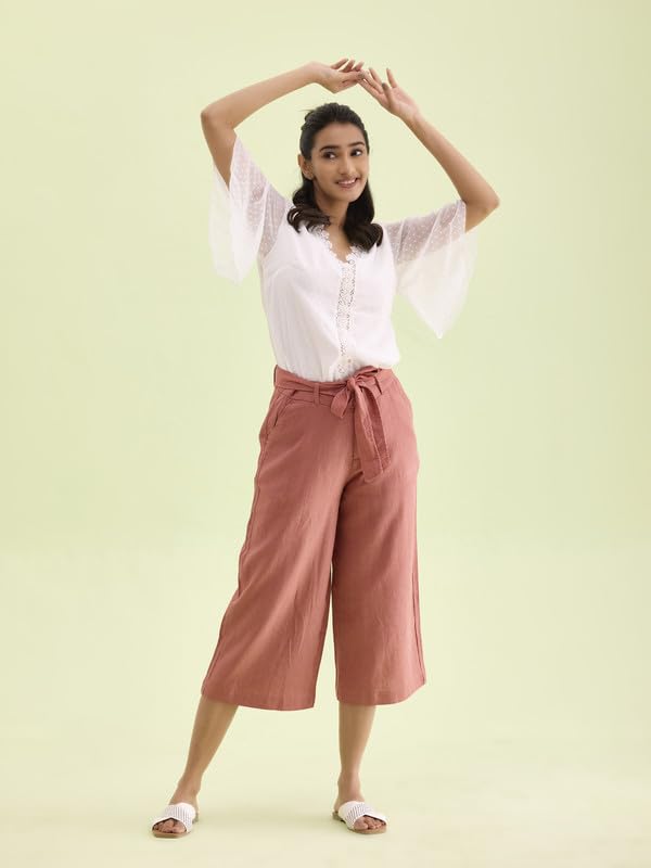 Image of GO COLORS Solid Linen Culottes for Women | High Rise, Side Pockets, Front tie-up