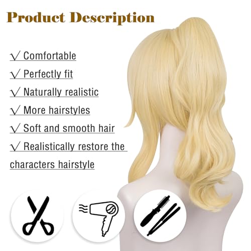 Image of LABEAUTE Blonde Ponytail Cosplay Wig for Jean, Golden Princess Wavy Hair with Pigtails Bangs + Wig Cap for Halloween Peach Costume