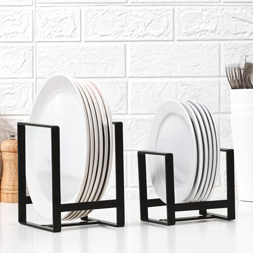 Image of Livzing 2Pcs Plate Stand - Plate Holders - Metal Plate Dish Organizer Drying Rack for Kitchen Cabinet & Countertop - Utensil Storage Stand for Plates, Lids, Cutting Boards, Bowl (Small & Large Black)