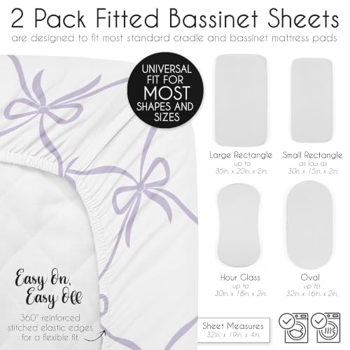 Image of Sweet Jojo Designs 2-Piece Baby Bassinet Sheets Set (White and Purple Bows) for Girls, Infant Newborn Nursery, Oval, Rectangle & Hourglass Mattress (Princess, Lavender Bow, Vintage Coquette Aesthetic)