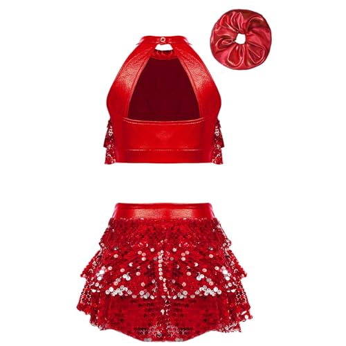JanJean Kids Girls Sparkle Metallic Crop Top with Skirted Hair Band for Hip Hop Jazz Street Dance Competition Red 11-12 Years