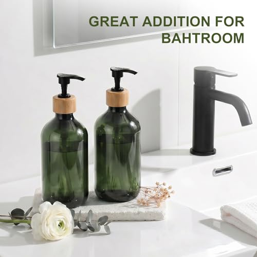Image of KASUNTING Green Soap Dispenser, Plastic Bathroom Soap and Lotion Dispenser Set with Bamboo Pump, 2 Pack 17 Fl Oz Hand and Dish Soap Dispensers Set for Bathroom, Refillable Liquid Soap Bottles