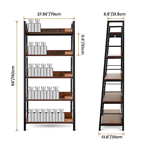 Himimi Bookshelf, Industrial Wood Bookshelves and Bookcases, Ladder Shelf 5 Tier with Metal Frame for Living Room, Bedroom, Kitchen, Home Office, Rustics Brown
