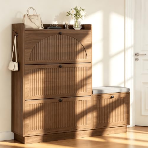 Image of Shoe Storage Cabinet with 2 Flip Drawers, Shoe Organizer Storage with Bench