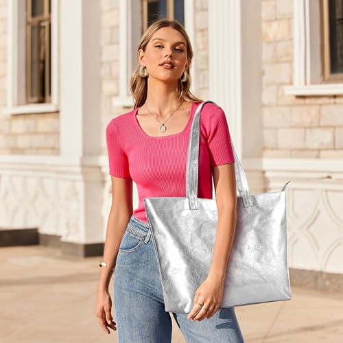 Image of KALIDI PVC Zipper Tote Bag, Jelly Kraft Paper Beach Bag Large Hobo Carry All Travel Shopping Handbag Plastic Shoulder Bag