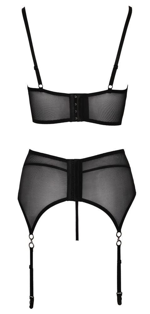 Orion Conjunto de lencería seductor para mujer, con sujetador balconette, cinturón y tanga, encaje ajustable, color negro