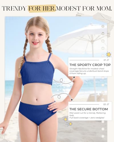 Image of Century Star Girls Ribbed 2-Piece Bikini Swimsuit - Fully Lined Modest Bathing Suit for Teens & Tweens