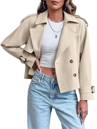 Image of Women Crop Double Breasted Trench Coat Oversized Double Breasted Lapel Long Sleeve Short Jacket Fashion Outerwear (Nude,Small)