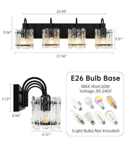 Image of 4 Light Bathroom Light Fixtures, Modern Matte Black Vanity Lights