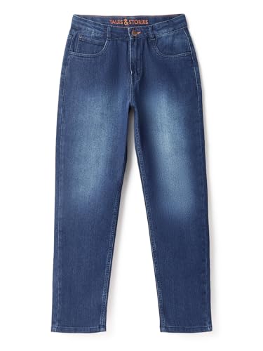 Image of Tales & Stories Boys Slim Fit Denim Jeans | 5-Pocket Stylish Mid-Rise Pants| Durable Cotton Denim Lycra with Button Closure | Casual Wear