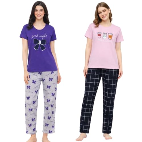 Cotton Printed Night Suit for Women & Girls | TShirt and Pyjama Sleepwear Set | Soft & Comfortable Nightwear Combo Pack (Pack of 2)-picture-12