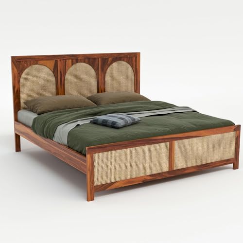 Image of Solid Sheesham Wood Queen Size Bed Without Storage for Bedroom Living Room | Wooden Double Bed Cot for Home Hotel | (Honey Finish-3 Round, Queen Size)