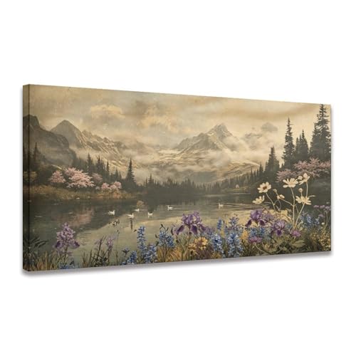 Misty Mountain Lake Floral Landscape Oil Painting Poster, Serene Alpine Wildflower Scenery Wall Art Print for Calming Nature Home Decor Wood Frame 16" L X 8" W