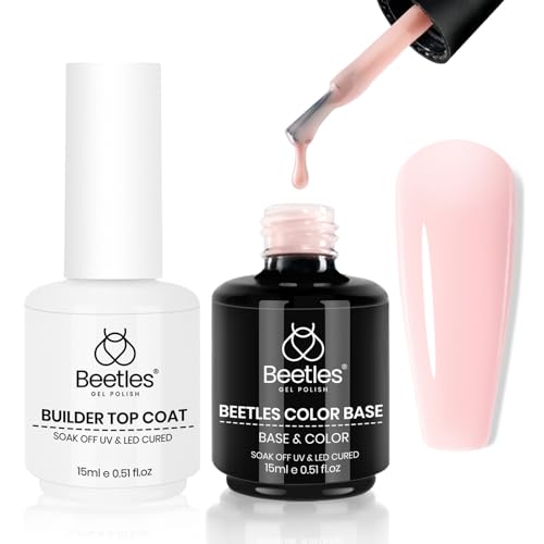 Image of Beetles Rubber Base Gel and Builder Top Coat Gel Nail Polish Set, 2Pcs 15ML Nude Nail Polish Pink Neutral Color Base No Wipe Builder Top Coat, Thick Flexible Base for Nails Strengthening