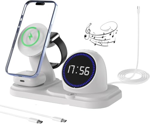 6 in 1 Wireless Charging Station,Fast iphone Charger Stand with Bluetooth,Clock,RGB LED,Wireless Charger for Multiple Devices iphone 17 16 15 14 13 12/Pro Max Plus Apple Watch AirPods Pro4//3/2-White