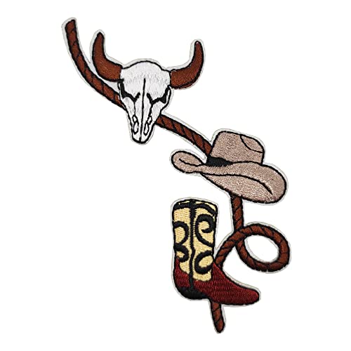 Western Rope with Boot Cowboy Hat and Skull Embroidered Iron On Patch