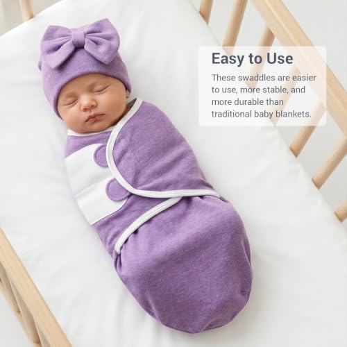 Image of DRESHOW BQUBO 3 Pack Newborn Baby Swaddle Blanket with Hats Infant Adjustable Velcro Swaddling Wraps with Bear Ears Cap for 6-12 Lbs Newborns & 0-3 Months Girls Boys