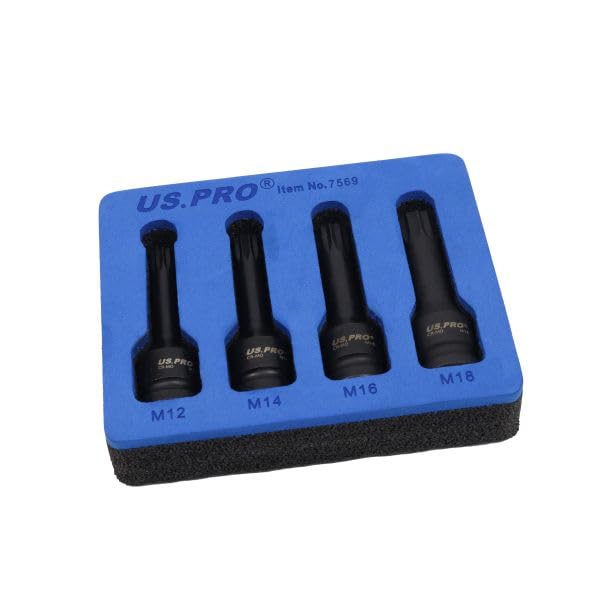 US PRO 4 Piece 1/2" Drive Impact Spline Bit Socket Set for VAG Vehicles, M12 M14 M16 M18, CR-MO, Phosphate Finish, 78mm Length