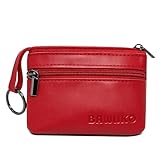 BAWAKO Monedero de Piel Auténtica Mini para Hombre y Mujer con Dos Compartimentos, Cremallera, Llavero (Rojo, W7/L10)