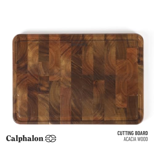 Image of Calphalon Edge Guard Cutting Board, 18 x 12-Inch End-Grain Acacia Wood Cutting Board, Heavy-Duty Wooden Chopping Block for Stable Meal Prep