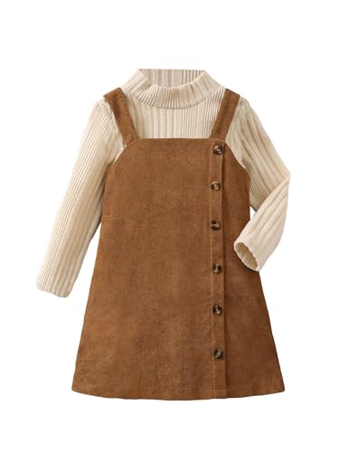 MakeMeChic Toddler Baby Girl Fall Outfits Mock Neck Long Sleeve Top and Corduroy Button Overall Dress Sets Beige and Brown 7Y