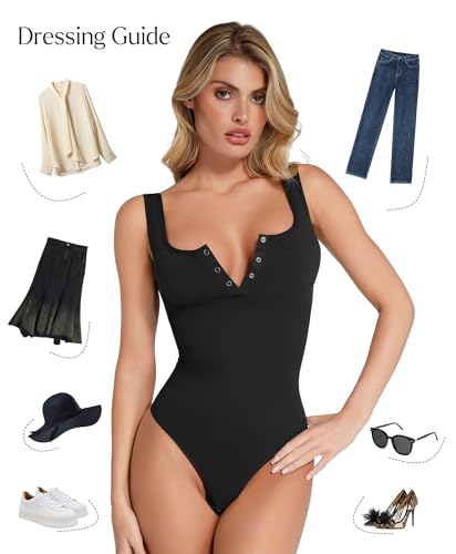 Image of Popilush Bodysuits for Women Tummy Control Henley Going Out Outfits Shirts Body Suits Thong Button Down Tank Tops