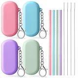 4 Set Portable Straw,Reusable Straws Silicone with Case Silicone Portable Drinking travel Straw Set for Party Travel Cold or Hot with 4 Cleaning Brushes (Purple,Pink,Green, Blue）