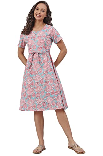 Image of Janasya Women's Light Pink Cotton Western Dress