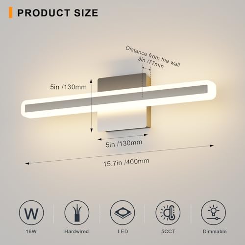 Image of Modern Vanity Light 15.7 inch 16W Dimmable 5CCT Led Bathroom Light Fixture Over Mirror, Brushed Nickel Vanity Light for Bathroom Mirror Cabinets-ETL Certificated