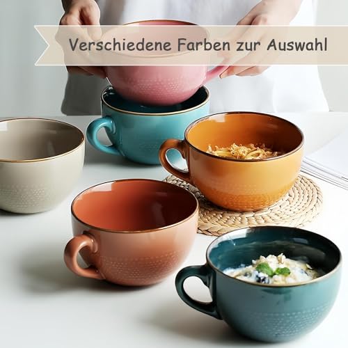 Foto von Groß Tasse Keramik, Suppentassen mit Henkel, 700ml Große Suppenschüssel, Geeignet für Milchsalat, Keramikbecher mit Henkel, Geschenk Kaffeebecher, Mit Deckel und Löffel(Blau)