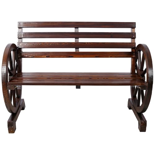 Image of 2 Person Wooden Wagon Wheel Bench for Backyard, Patio, Porch, Garden, Outdoor Lounge Furniture w,Rustic Country Design, Slatted Seat and Backrest Brown