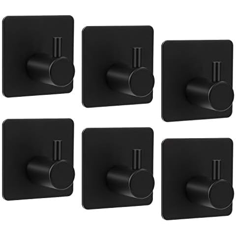 ShineMe Adhesive Hooks, Heavy Duty 304 Stainless Steel Wall Hangers for Hanging Coats Key Towel Hooks for Bathrooms Door Kitchen Office Home (Black, 6 Pack) Cover