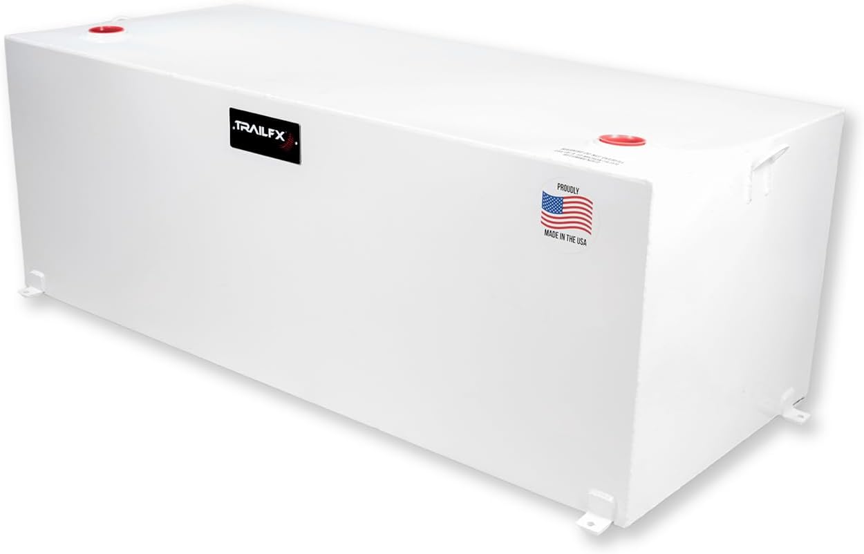 TrailFX 21098SW Liquid Transfer Tank 98 Gallon Capacity Rectangular Steel Tank Gloss White Powder Coat Vented Lockable Cap For Diesel and Non-Flammable Liquids